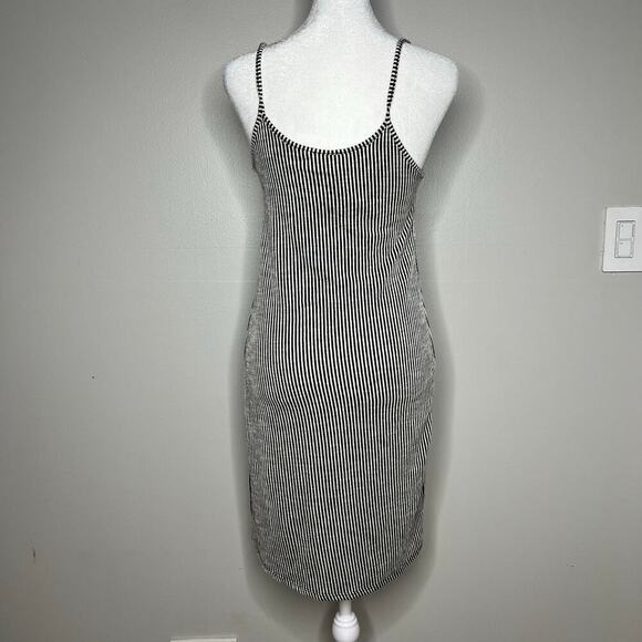 NWT Women's Sz Med Black White Striped Keyhole Tie Chest Button Front Dress Mini - Picture 5 of 7